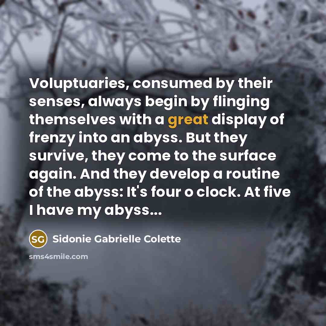 “Voluptuaries, consumed by their senses, always begin by flinging themselves…” quote by Sidonie Gabrielle Colette