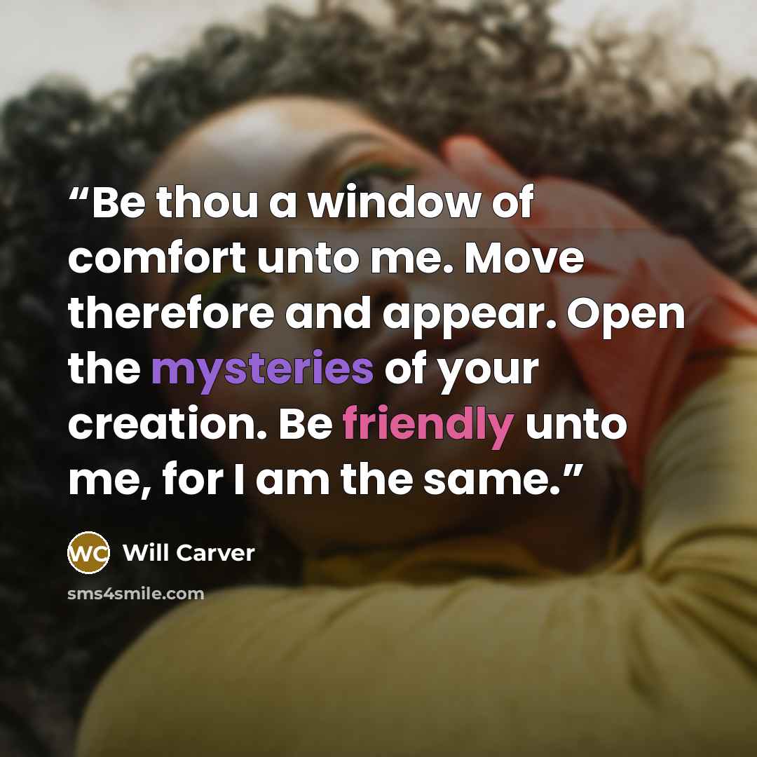 “Be thou a window of comfort unto me. Move therefore and appear. Open the mysteries of your creation. Be friendly unto me, for I am the same.” quote by Will Carver