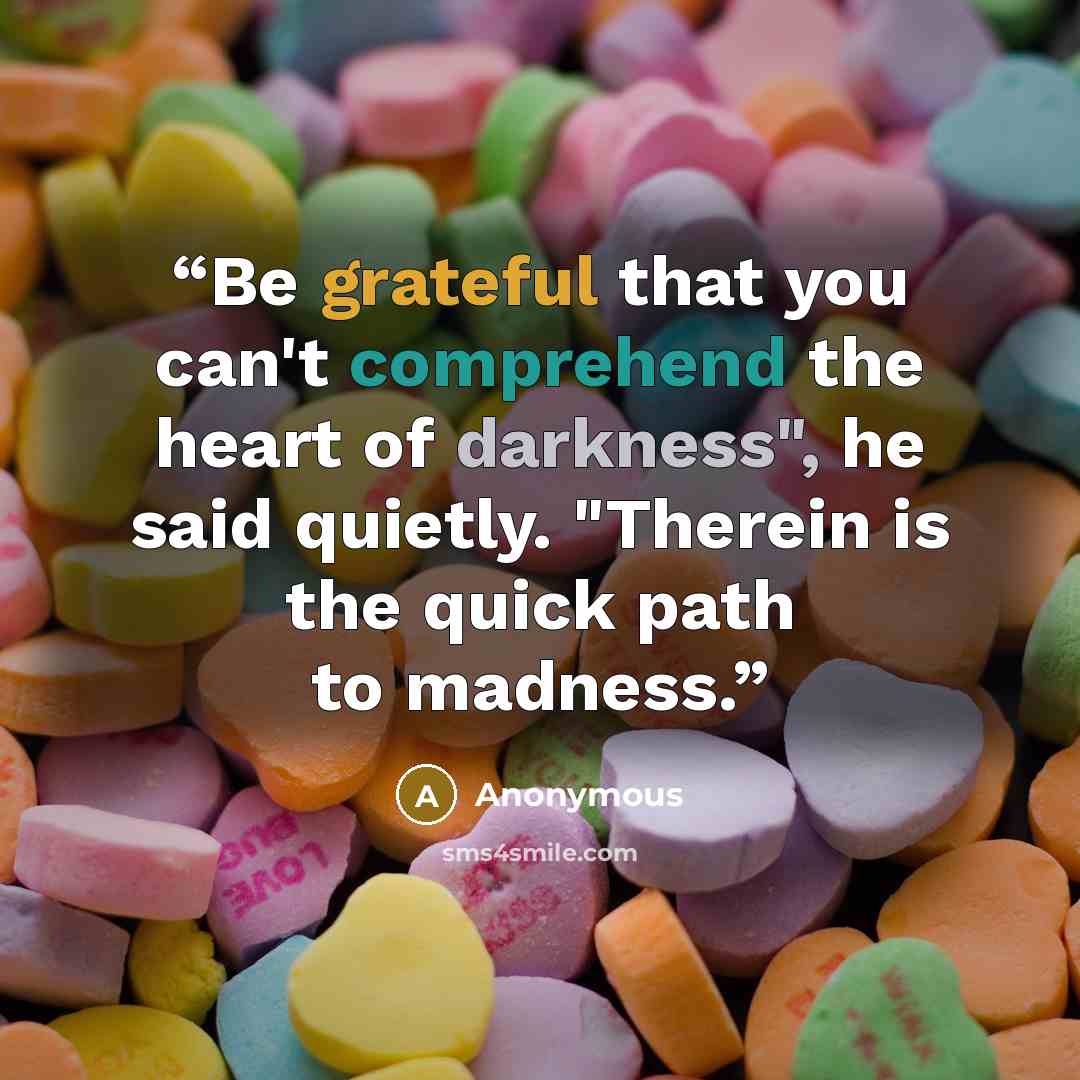 “Be grateful that you can't comprehend the heart of darkness", he said quietly. "Therein is the quick path to madness.” quote by Anonymous