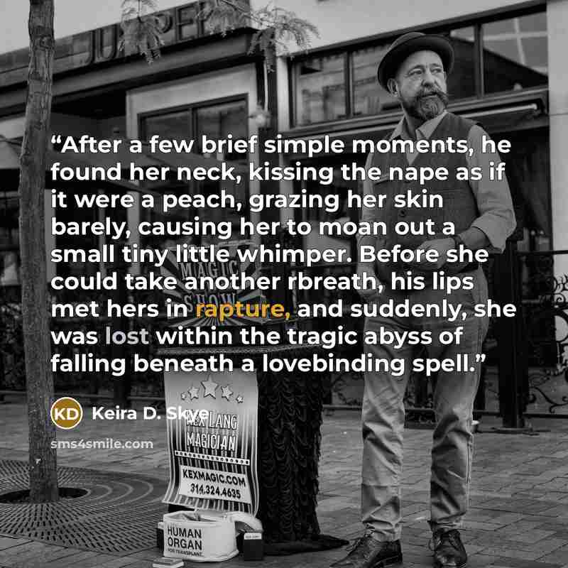 “After a few brief simple moments, he found her neck, kissing the nape as if it were a peach, grazing her skin barely, causing her to moan out a small tiny little whimper. Before she could take another rbreath, his lips met hers in rapture, and suddenly, she was lost within the tragic abyss of…” quote by Keira D. Skye