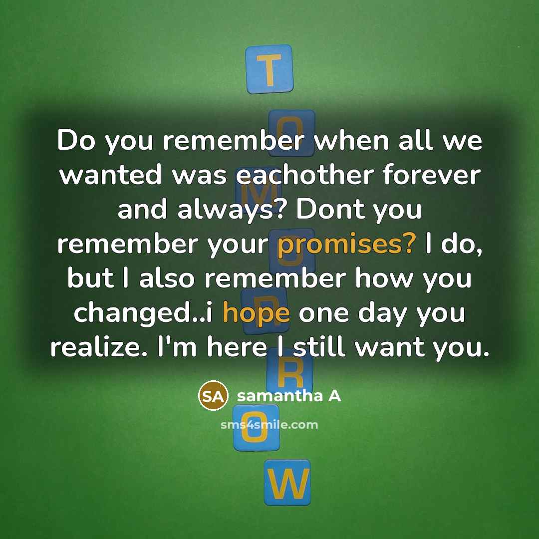 “Do you remember when all we wanted was eachother forever and always? Dont you remember your promises? I do, but I also remember how you changed..i hope one day you realize. I'm here I still want you.” quote by samantha A