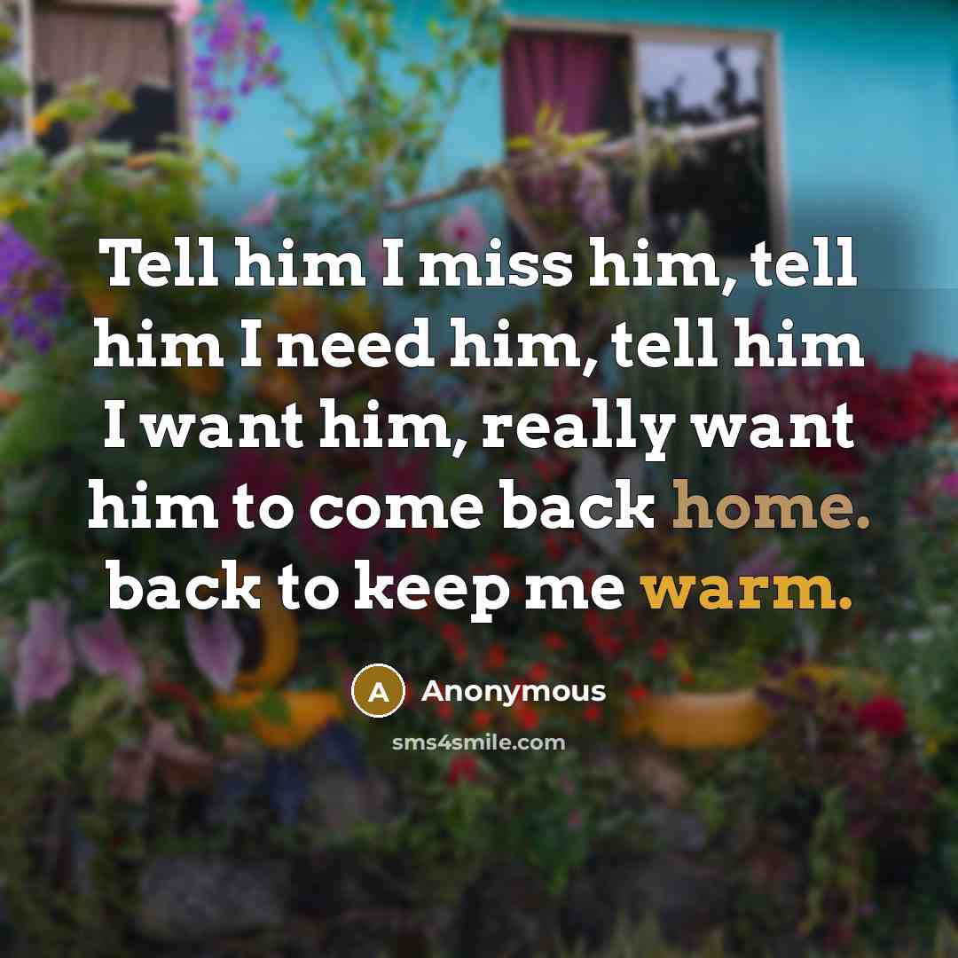 “Tell him I miss him, tell him I need him, tell him I want him, really want him to come back home. back to keep me warm.” quote by Anonymous