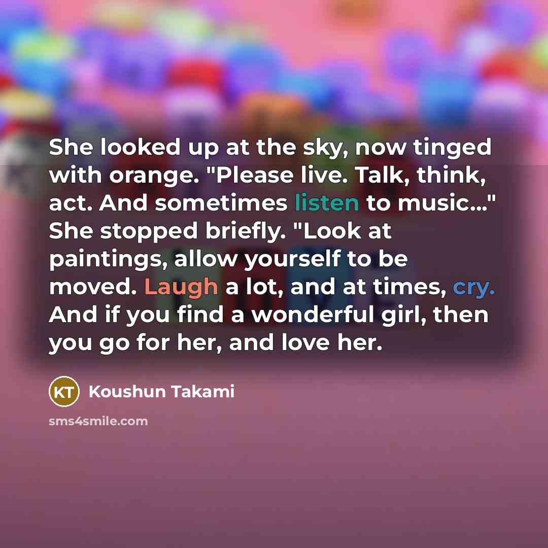 “She looked up at the sky, now tinged with orange.…” quote by Koushun Takami