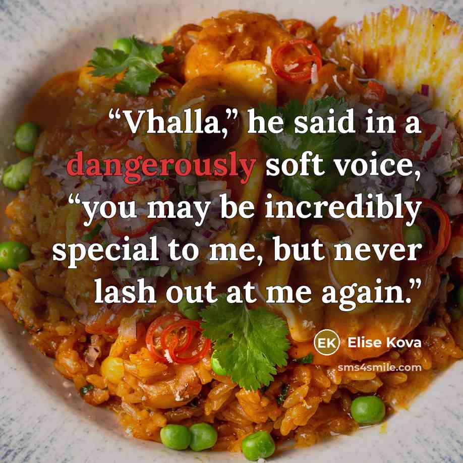 “Vhalla,” he said in a dangerously soft voice, “you may be incredibly special to me, but never lash out at me again.” quote by Elise Kova