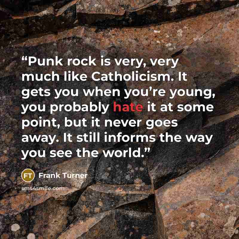 “Punk rock is very, very much like Catholicism. It gets you when you’re young, you probably hate it at some point, but it never goes away. It still informs the way you see the world.” quote by Frank Turner