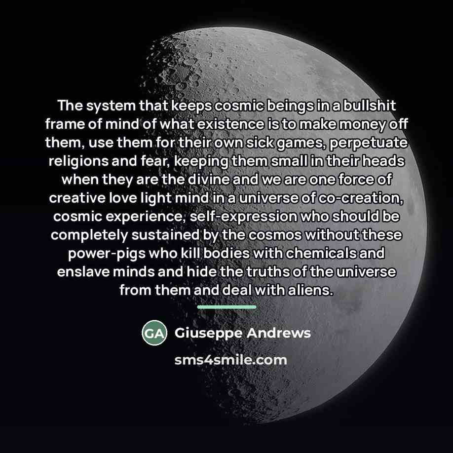 “The system that keeps cosmic beings in a bullshit frame…” quote by Giuseppe Andrews