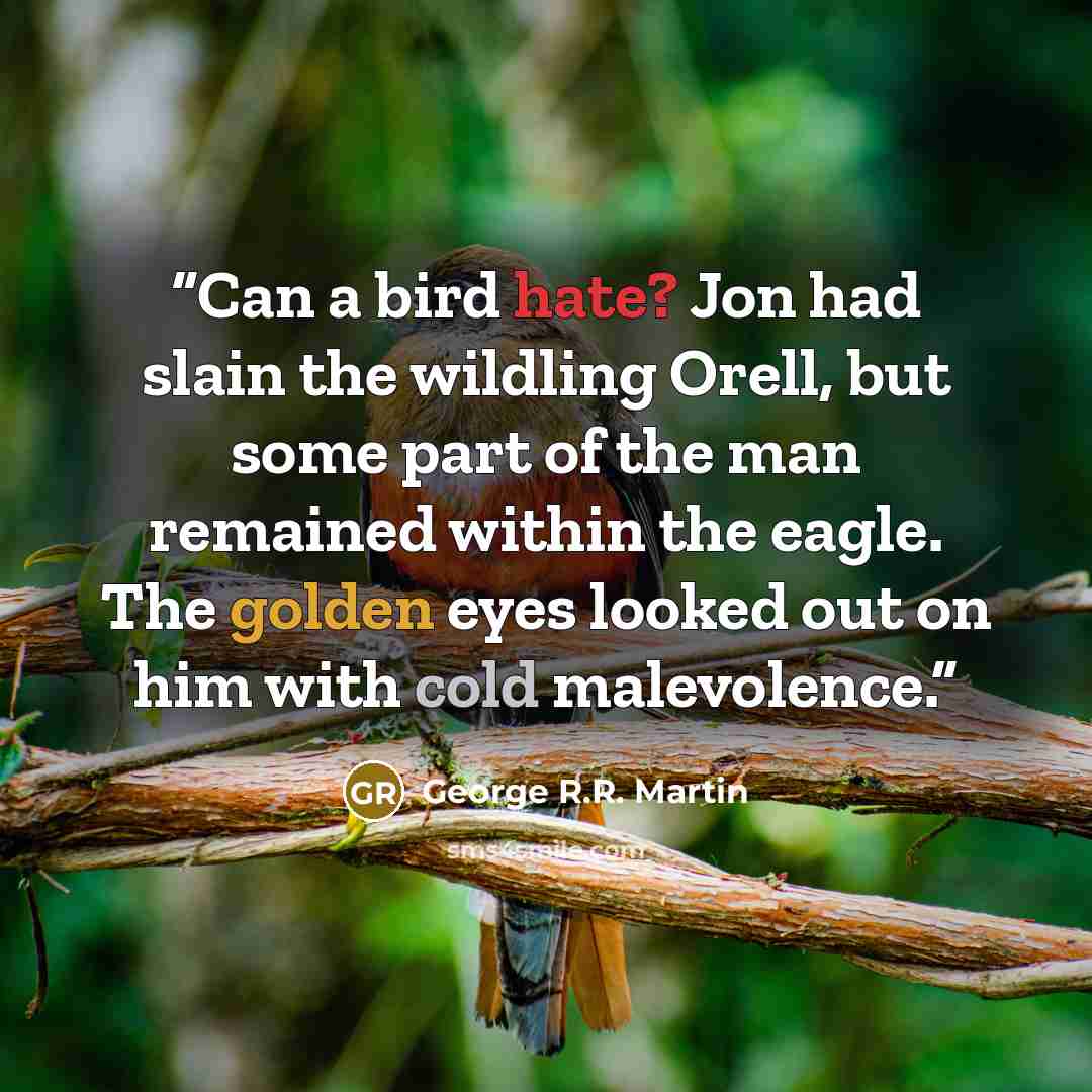 “Can a bird hate? Jon had slain the wildling Orell, but some part of the man remained within the eagle. The golden eyes looked out on him with cold malevolence.” quote by George R.R. Martin