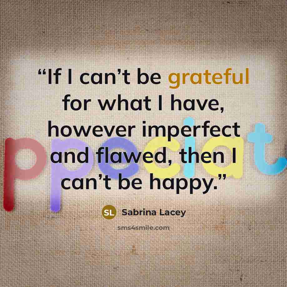 “If I can’t be grateful for what I have, however imperfect and flawed, then I can’t be happy.” quote by Sabrina Lacey