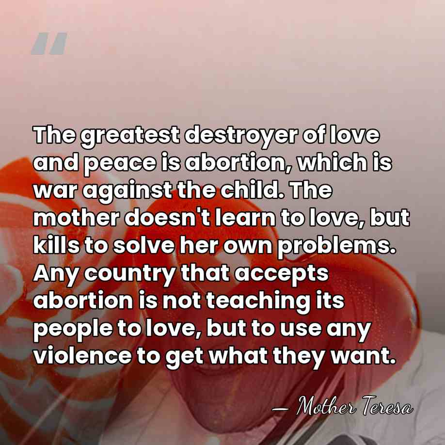 The greatest destroyer of love and peace is abortion, which is war&hellip; - Mother Teresa