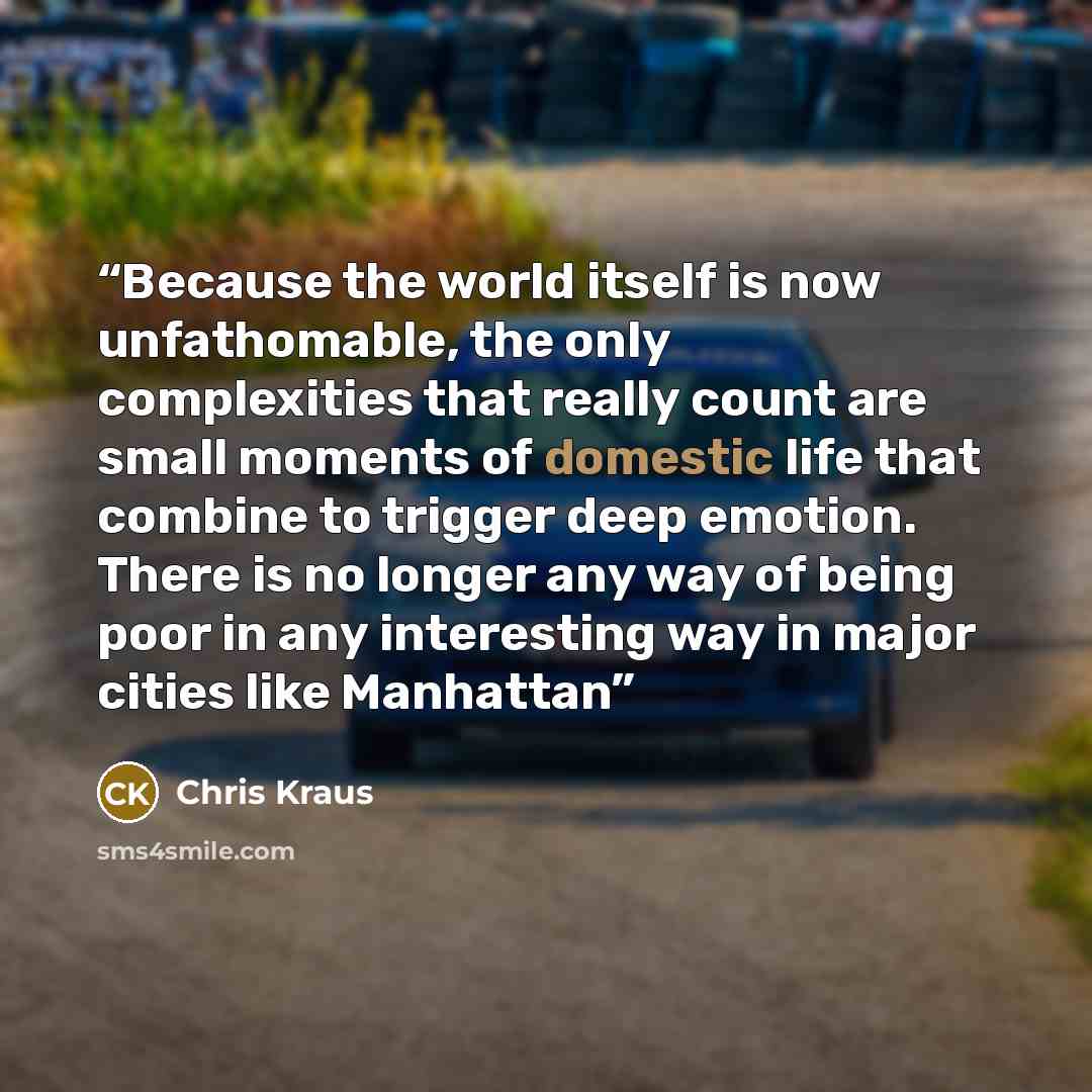 “Because the world itself is now unfathomable, the only complexities that really count are small moments of domestic life that combine to trigger deep emotion. There is no longer any way of being poor in any interesting way in major cities like Manhattan” quote by Chris Kraus