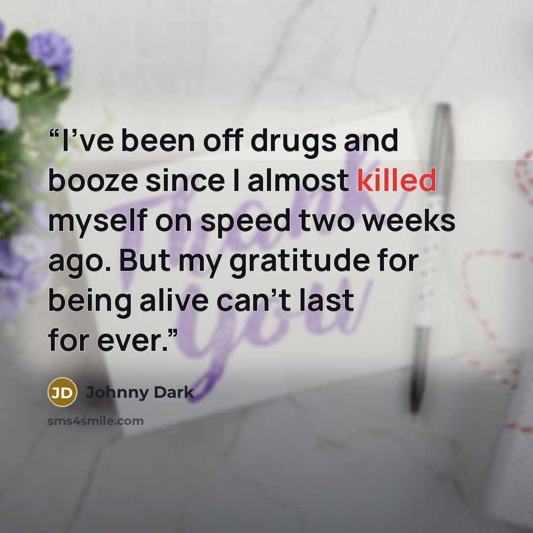 “I've been off drugs and booze since I almost killed myself on speed two weeks ago. But my gratitude for being alive can't last for ever.” quote by Johnny Dark