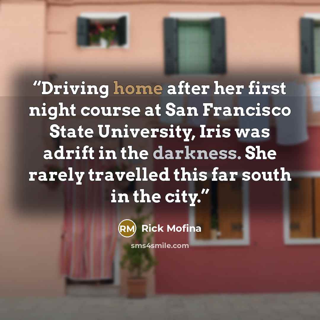 “Driving home after her first night course at San Francisco State University, Iris was adrift in the darkness. She rarely travelled this far south in the city.” quote by Rick Mofina