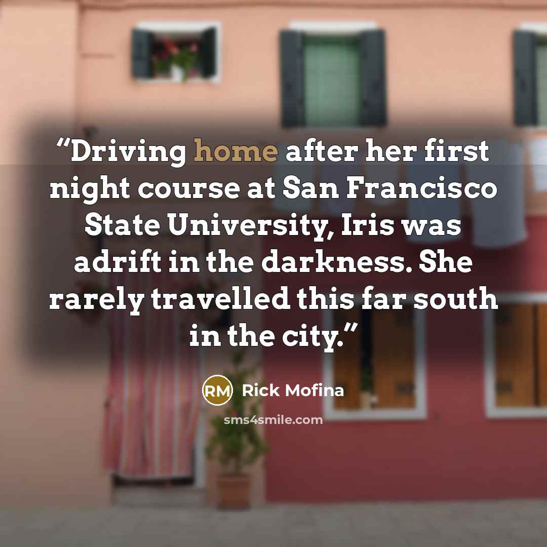 “Driving home after her first night course at San Francisco State University, Iris was adrift in the darkness. She rarely travelled this far south in the city.” quote by Rick Mofina