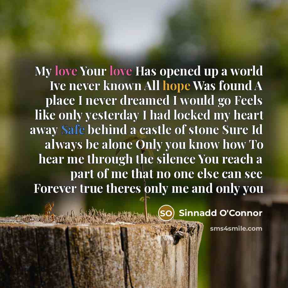 “My love Your love Has opened up a world Ive never known All hope Was found A place I never dreamed I would go Feels like only yesterday I had locked my heart away Safe behind a castle of stone Sure Id always be alone Only you know how To hear me through the silence You reach a part of me that no…” quote by Sinnadd O'Connor