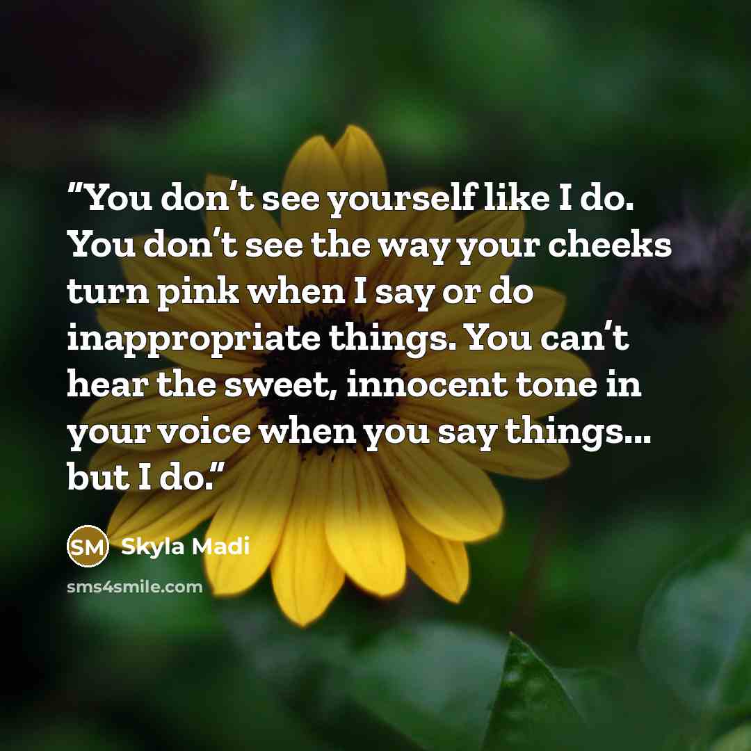 “You don’t see yourself like I do. You don’t see the way your cheeks turn pink when I say or do inappropriate things. You can’t hear the sweet, innocent tone in your voice when you say things... but I do.” quote by Skyla Madi