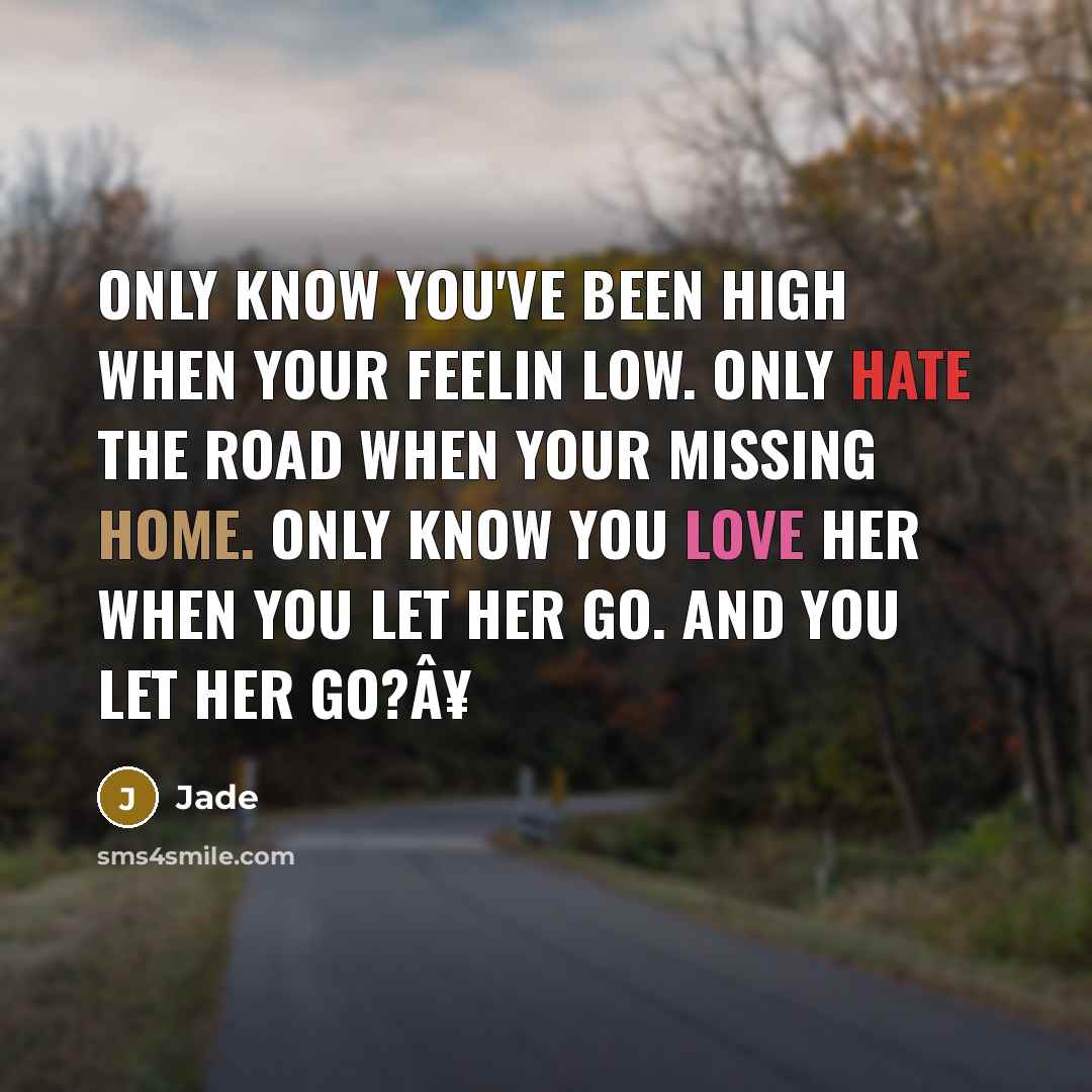 “Only know you've been high when your feelin low. Only hate the road when your missing home. Only know you love her when you let her go. And you let her go?Â¥” quote by Jade