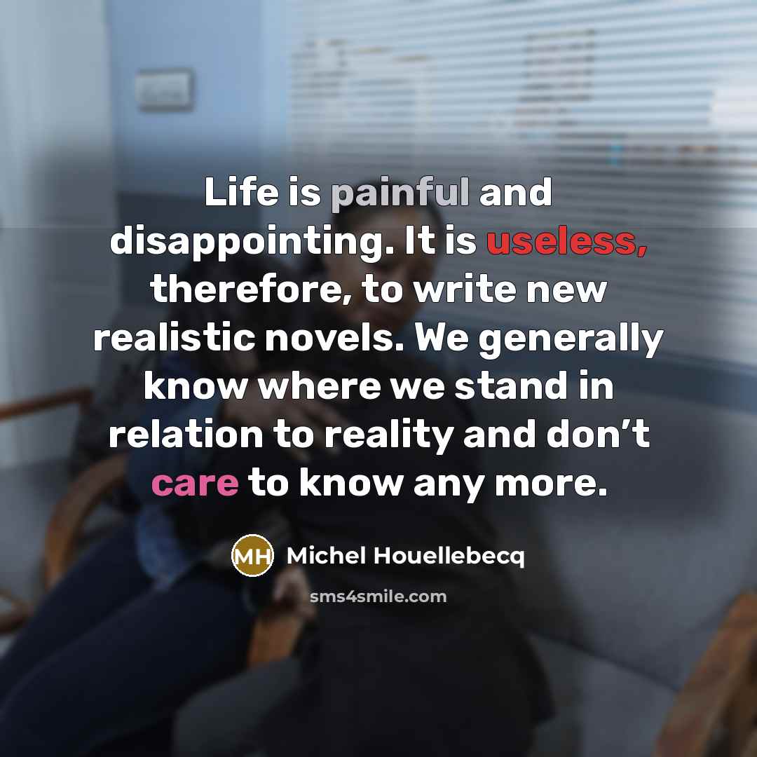“Life is painful and disappointing. It is useless, therefore, to…” quote by Michel Houellebecq