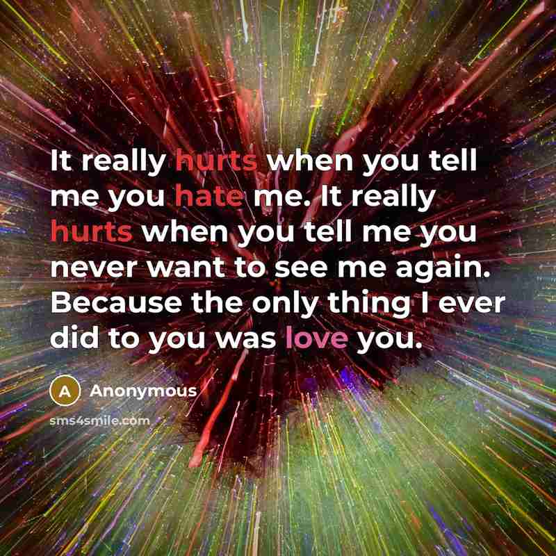 “It really hurts when you tell me you hate me. It really hurts when you tell me you never want to see me again. Because the only thing I ever did to you was love you.” quote by Anonymous