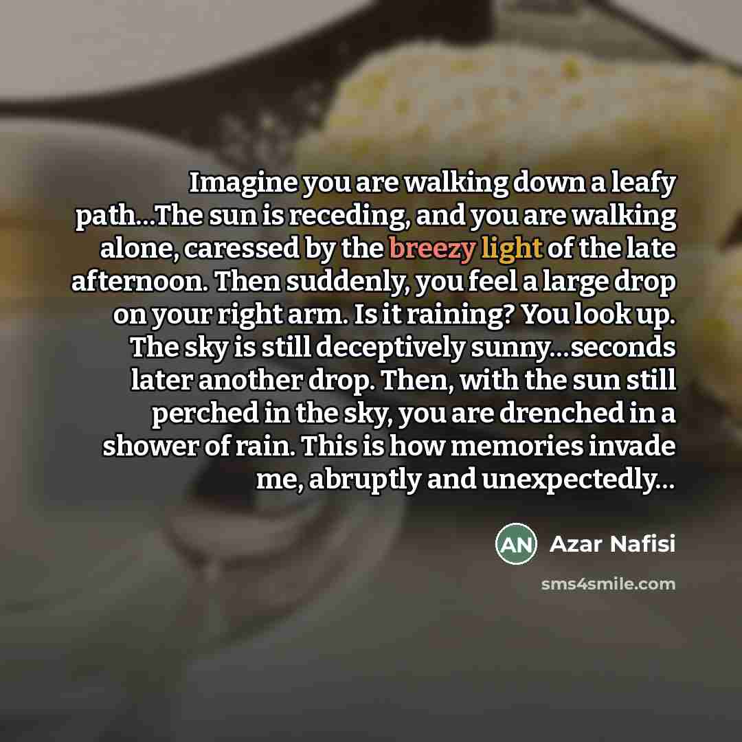 “Imagine you are walking down a leafy path…The sun is…” quote by Azar Nafisi