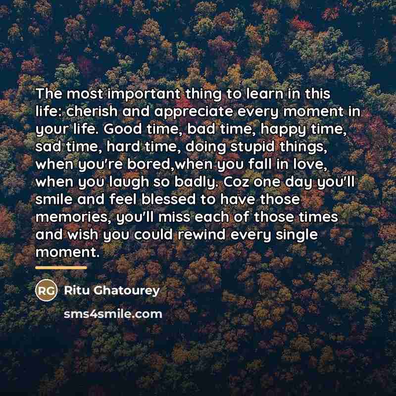 “The most important thing to learn in this life: cherish…” quote by Ritu Ghatourey