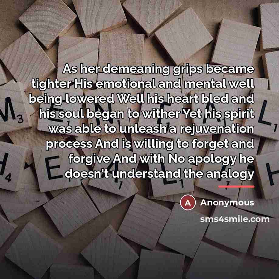 “As her demeaning grips became tighter His emotional and mental…” quote by Anonymous