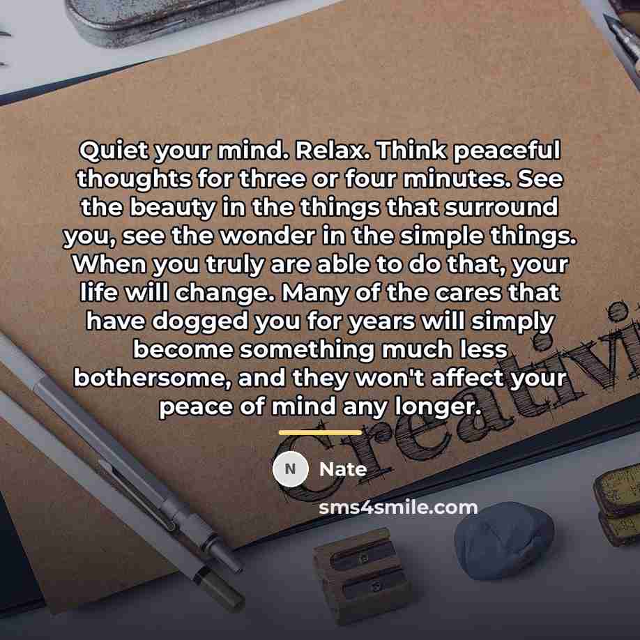 “Quiet your mind. Relax. Think peaceful thoughts for three or…” quote by Nate