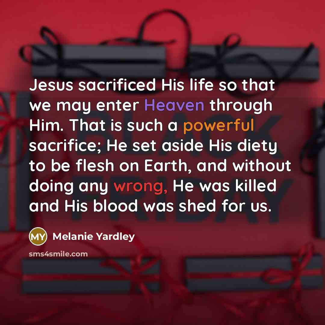 “Jesus sacrificed His life so that we may enter Heaven through Him. That is such a powerful sacrifice; He set aside His diety to be flesh on Earth, and without doing any wrong, He was killed and His blood was shed for us.” quote by Melanie Yardley