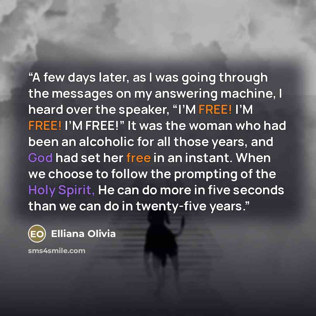 “A few days later, as I was going through the messages on my answering machine, I heard over the speaker, “I’M FREE! I’M FREE! I’M FREE!” It was the woman who had been an alcoholic for all those years, and God had set her free in an instant. When we choose to follow the prompting of the Holy…” quote by Elliana Olivia