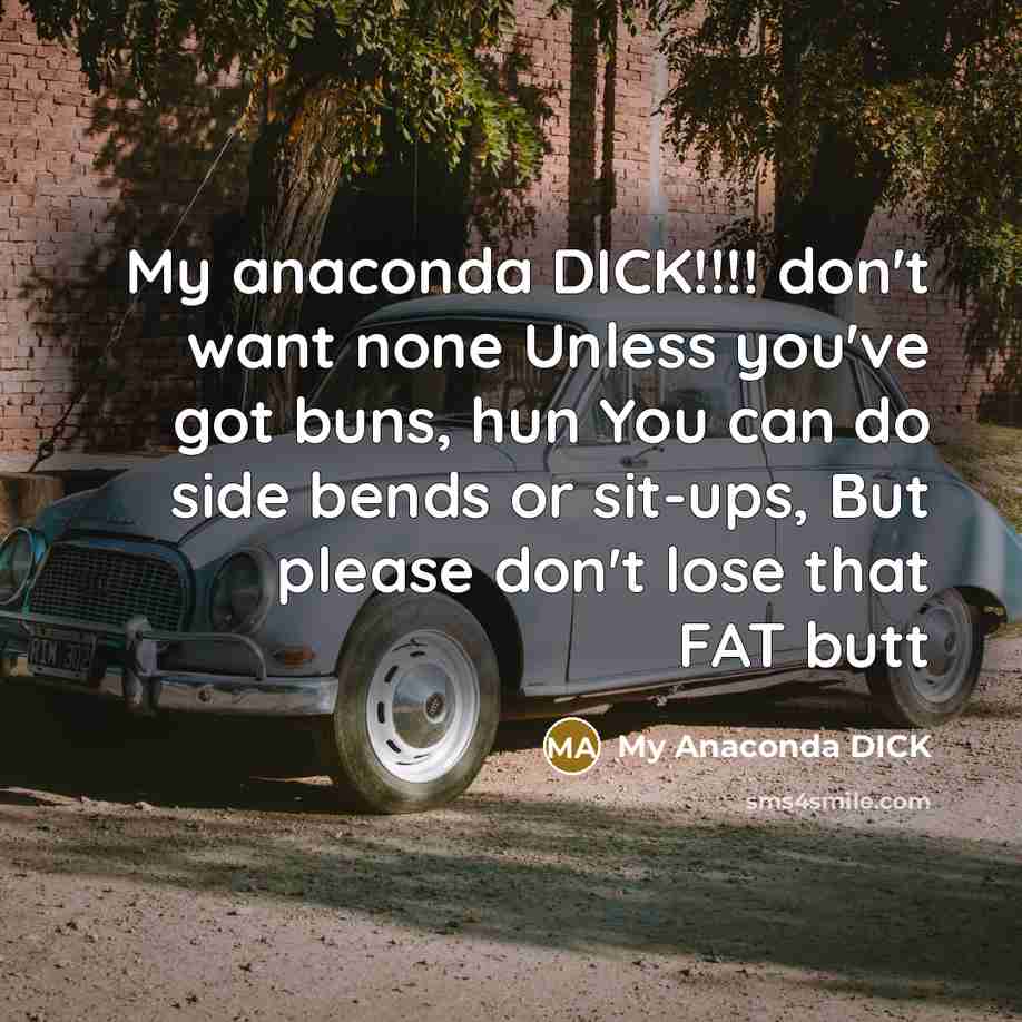 “My anaconda DICK!!!! don't want none Unless you've got buns, hun You can do side bends or sit-ups, But please don't lose that FAT butt” quote by My Anaconda DICK
