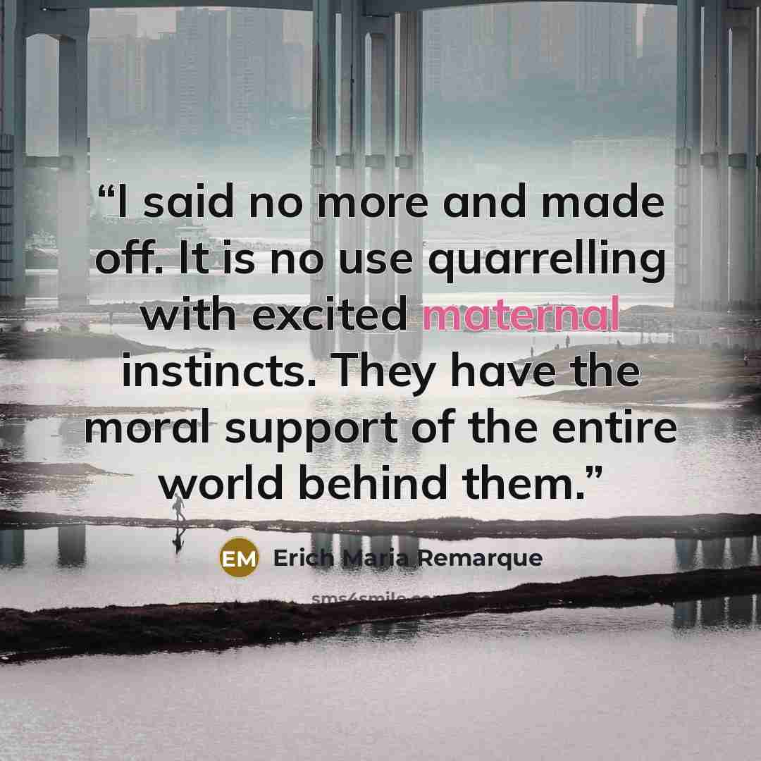 “I said no more and made off. It is no use quarrelling with excited maternal instincts. They have the moral support of the entire world behind them.” quote by Erich Maria Remarque