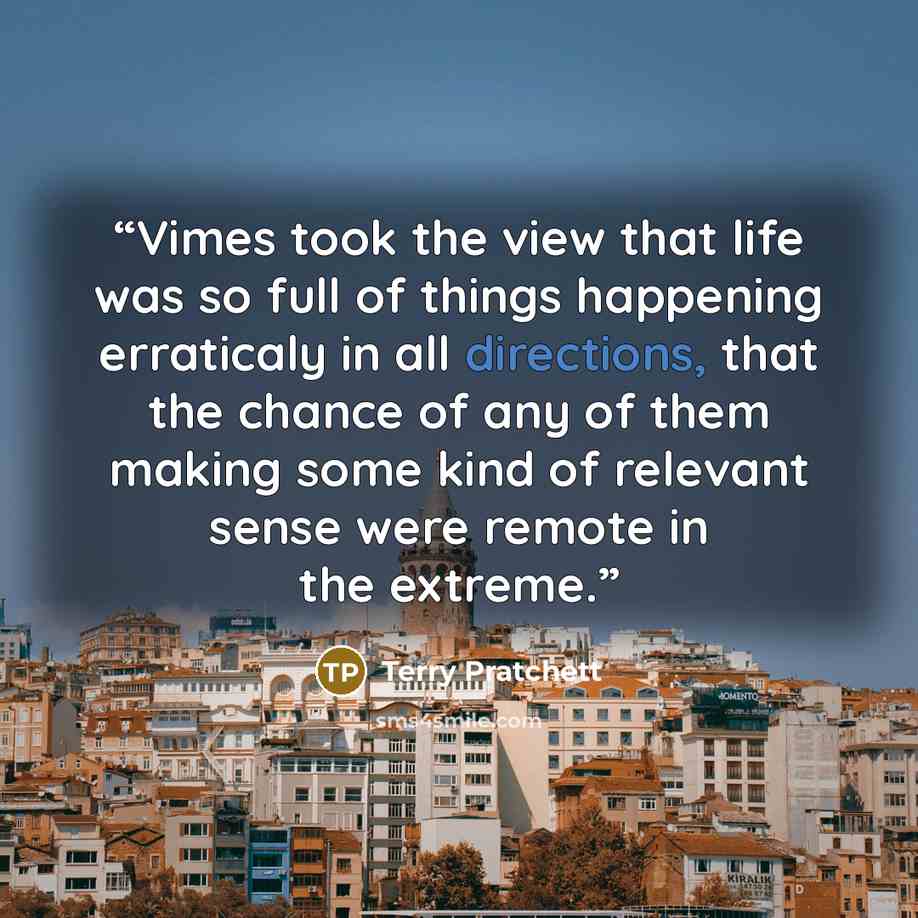 “Vimes took the view that life was so full of things happening erraticaly in all directions, that the chance of any of them making some kind of relevant sense were remote in the extreme.” quote by Terry Pratchett