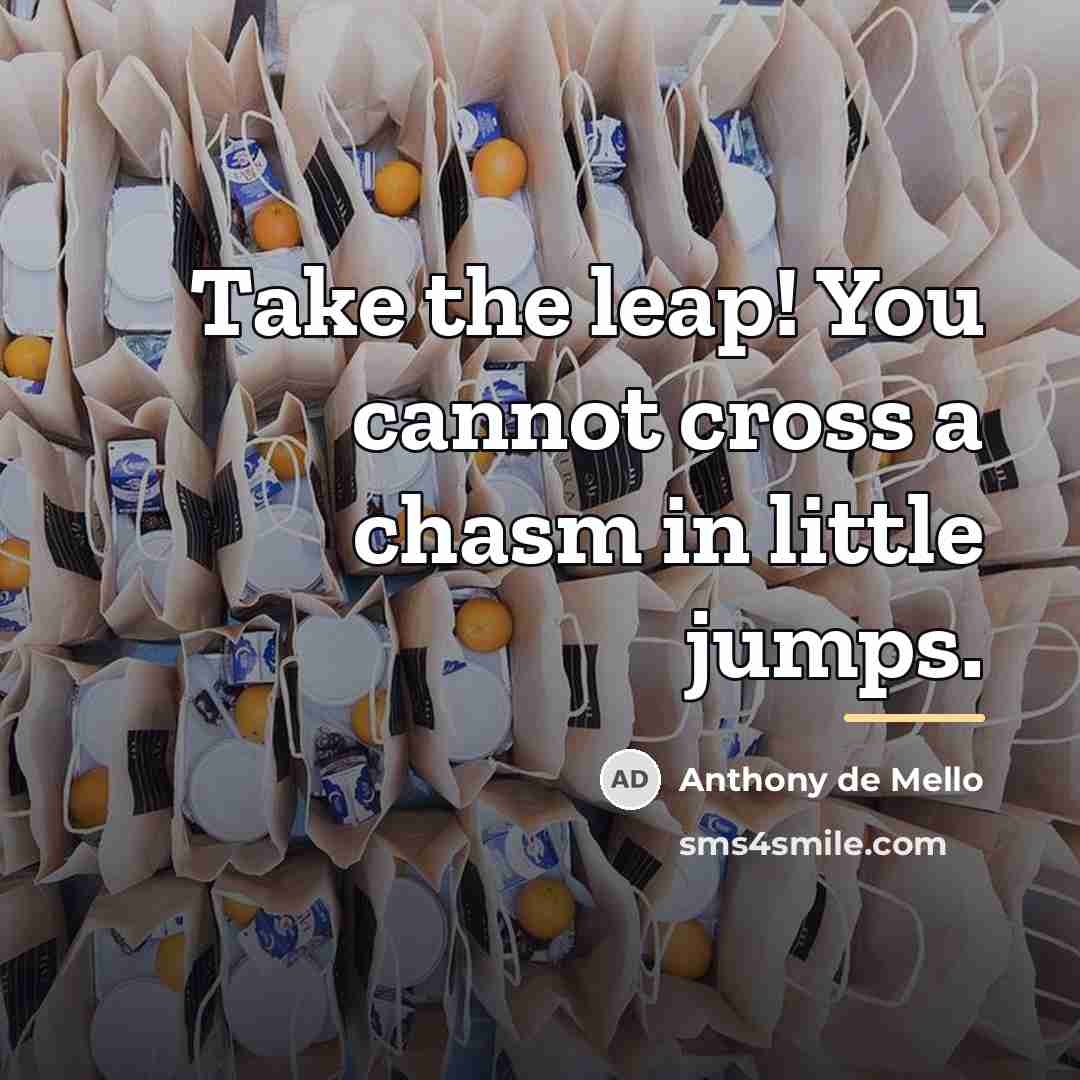 “Take the leap! You cannot cross a chasm in little…” quote by Anthony de Mello