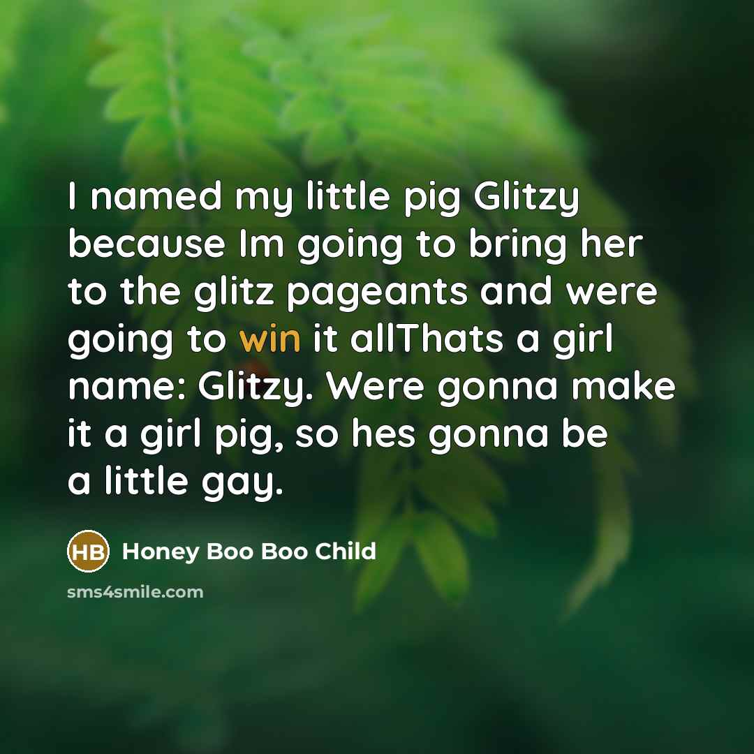 “I named my little pig Glitzy because Im going to bring her to the glitz pageants and were going to win it allThats a girl name: Glitzy. Were gonna make it a girl pig, so hes gonna be a little gay.” quote by Honey Boo Boo Child