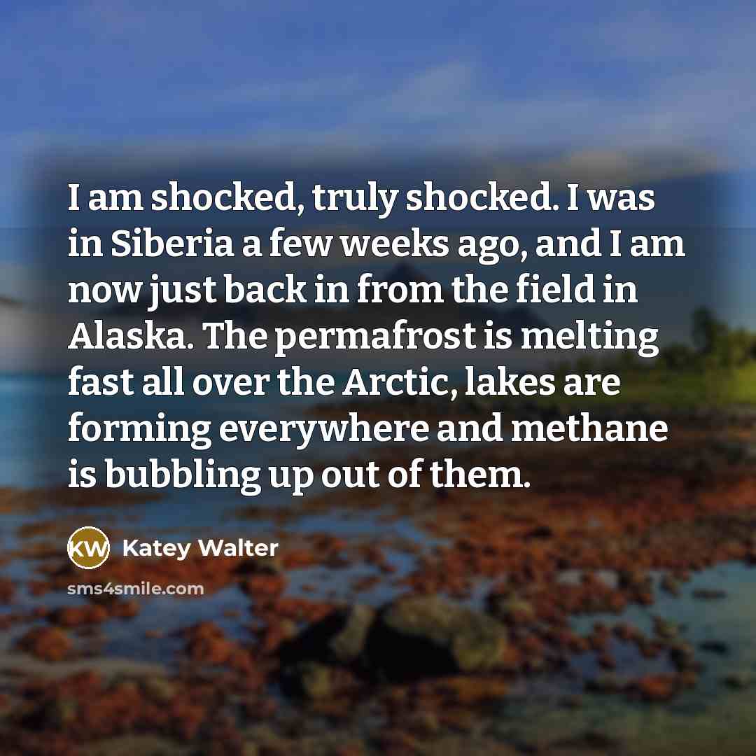 “I am shocked, truly shocked. I was in Siberia a few weeks ago, and I am now just back in from the field in Alaska. The permafrost is melting fast all over the Arctic, lakes are forming everywhere and methane is bubbling up out of them.” quote by Katey Walter