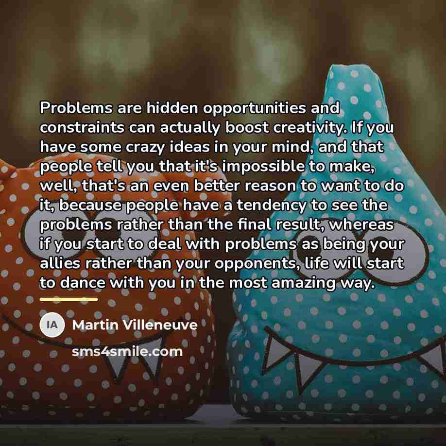“Problems are hidden opportunities and constraints can actually boost creativity.…” quote by Martin Villeneuve