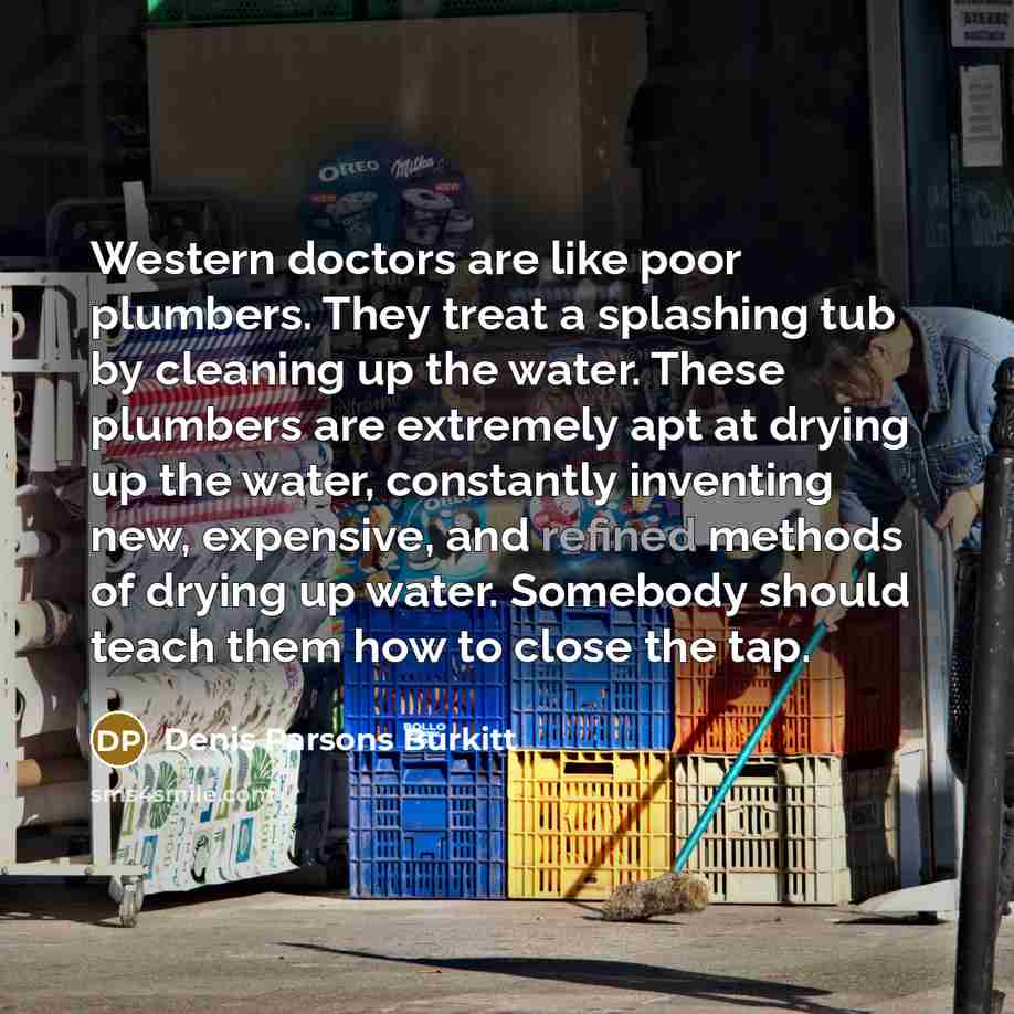 “Western doctors are like poor plumbers. They treat a splashing…” quote by Denis Parsons Burkitt