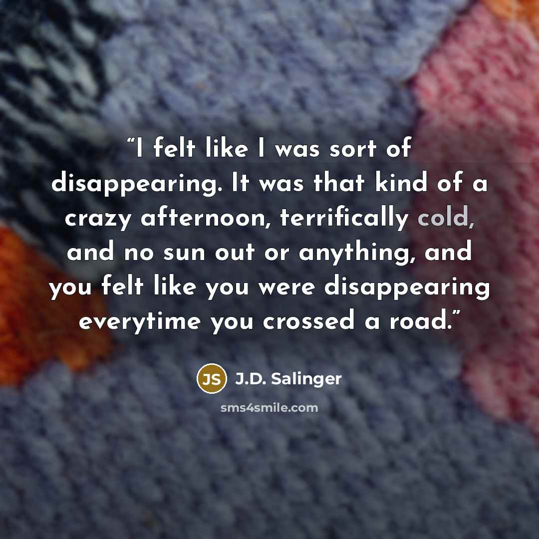 “I felt like I was sort of disappearing. It was that kind of a crazy afternoon, terrifically cold, and no sun out or anything, and you felt like you were disappearing everytime you crossed a road.” quote by J.D. Salinger