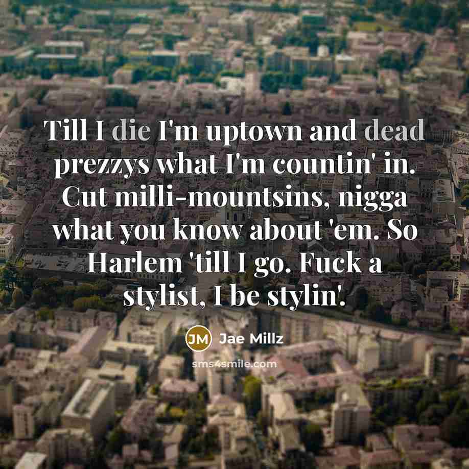 “Till I die I'm uptown and dead prezzys what I'm countin' in. Cut milli-mountsins, nigga what you know about 'em. So Harlem 'till I go. Fuck a stylist, I be stylin'.” quote by Jae Millz