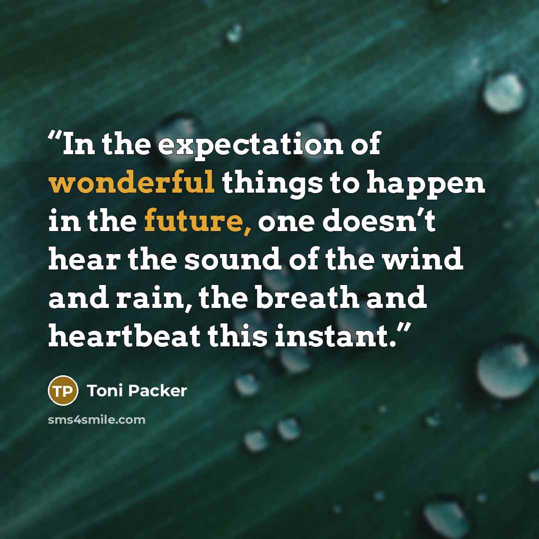 “In the expectation of wonderful things to happen in the future, one doesn’t hear the sound of the wind and rain, the breath and heartbeat this instant.” quote by Toni Packer