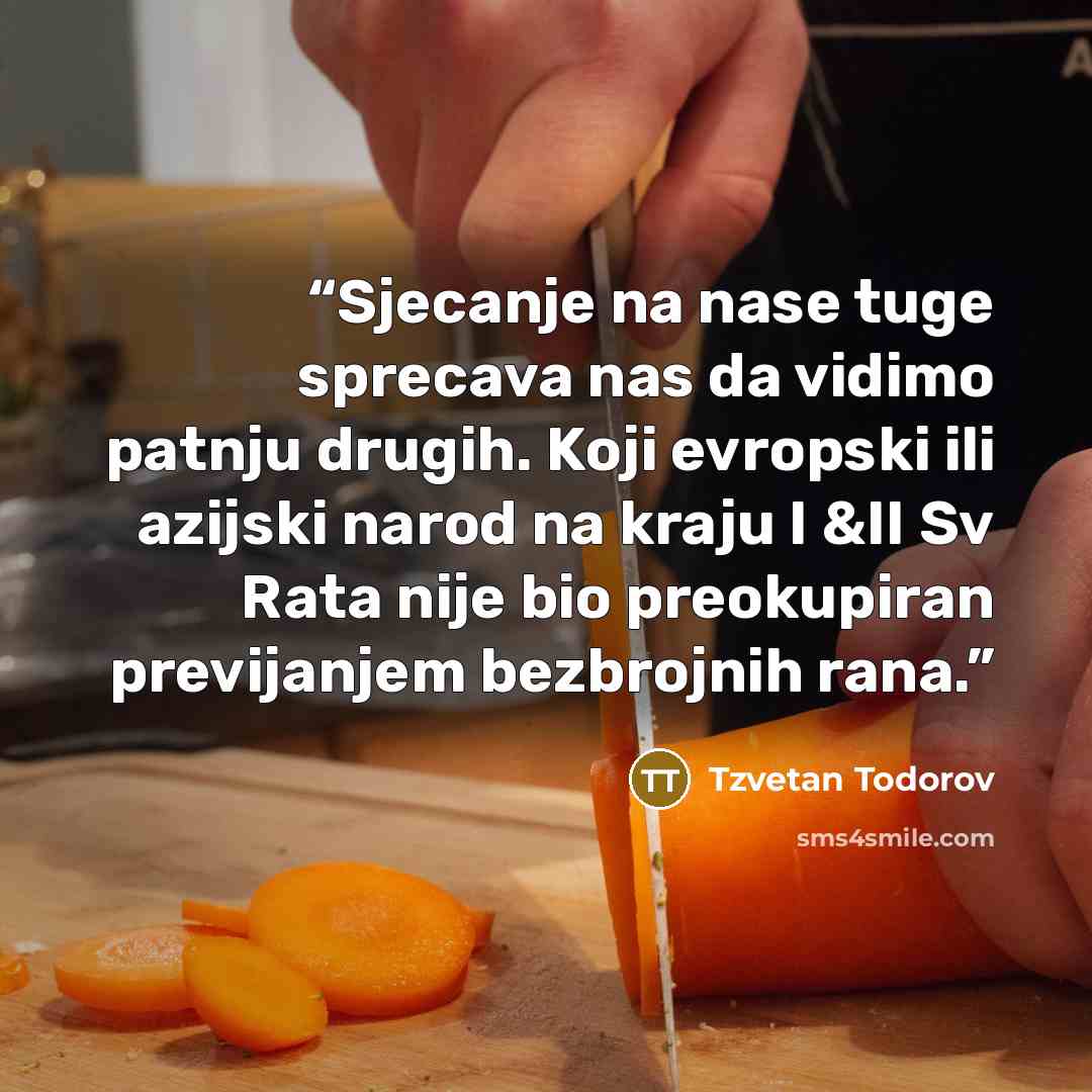 “Sjecanje na nase tuge sprecava nas da vidimo patnju drugih. Koji evropski ili azijski narod na kraju I &II Sv Rata nije bio preokupiran previjanjem bezbrojnih rana.” quote by Tzvetan Todorov