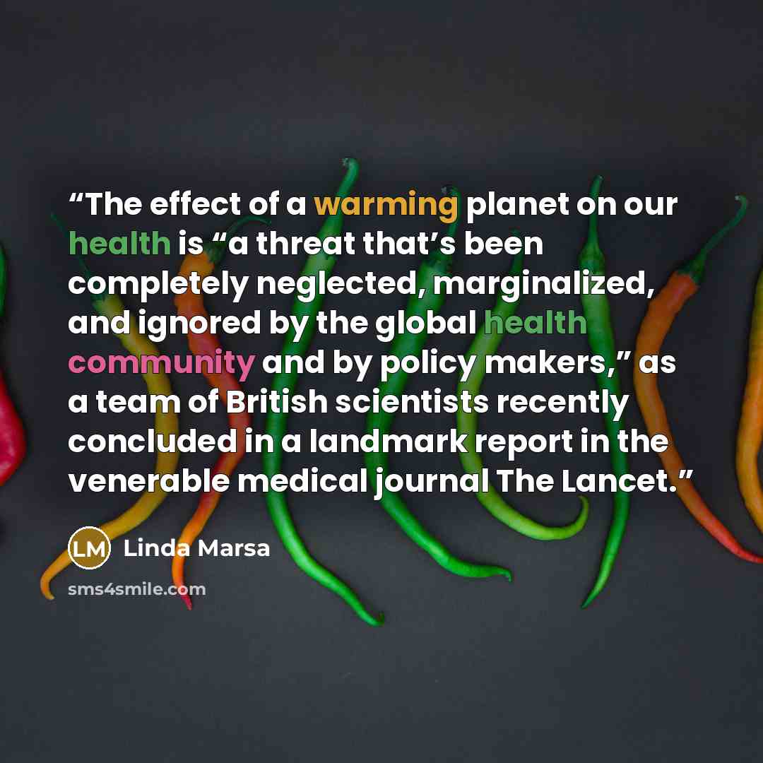“The effect of a warming planet on our health is “a threat that’s been completely neglected, marginalized, and ignored by the global health community and by policy makers,” as a team of British scientists recently concluded in a landmark report in the venerable medical journal The Lancet.” quote by Linda Marsa