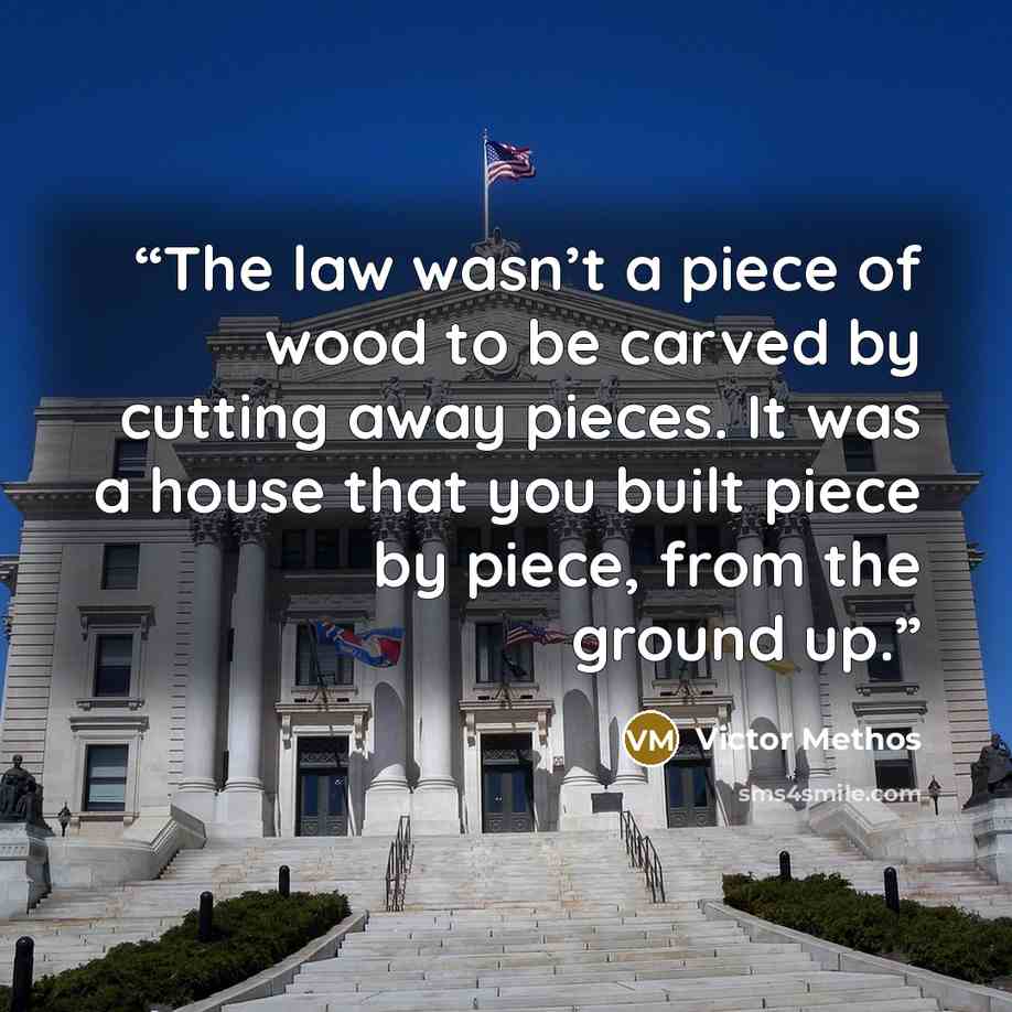“The law wasn’t a piece of wood to be carved by cutting away pieces. It was a house that you built piece by piece, from the ground up.” quote by Victor Methos
