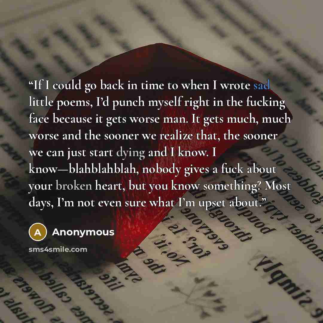“If I could go back in time to when I wrote sad little poems, I’d punch myself right in the fucking face because it gets worse man. It gets much, much worse and the sooner we realize that, the sooner we can just start dying and I know. I know—blahblahblah, nobody gives a fuck about your broken…” quote by Anonymous
