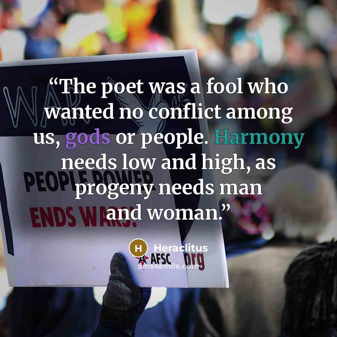 “The poet was a fool who wanted no conflict among us, gods or people. Harmony needs low and high, as progeny needs man and woman.” quote by Heraclitus
