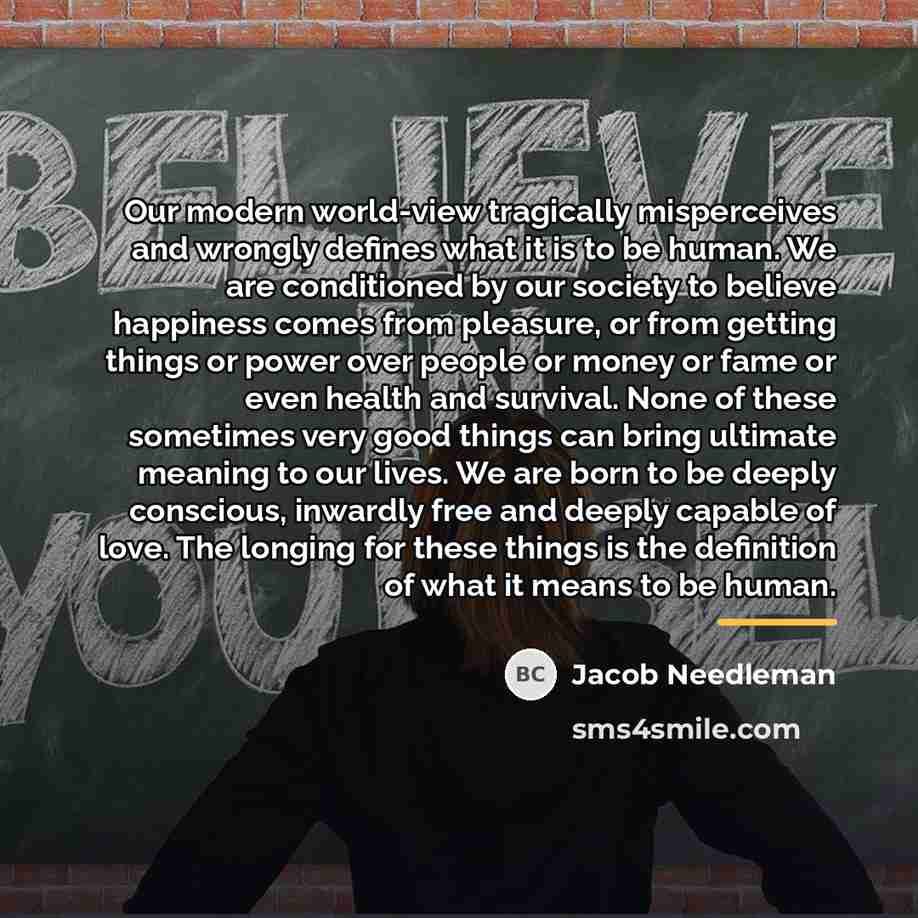 “Our modern world-view tragically misperceives and wrongly defines what it…” quote by Jacob Needleman