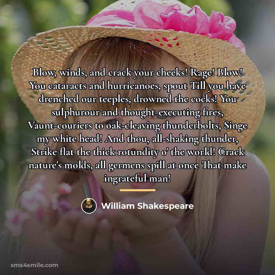“Blow, winds, and crack your cheeks! Rage! Blow! You cataracts…” quote by William Shakespeare