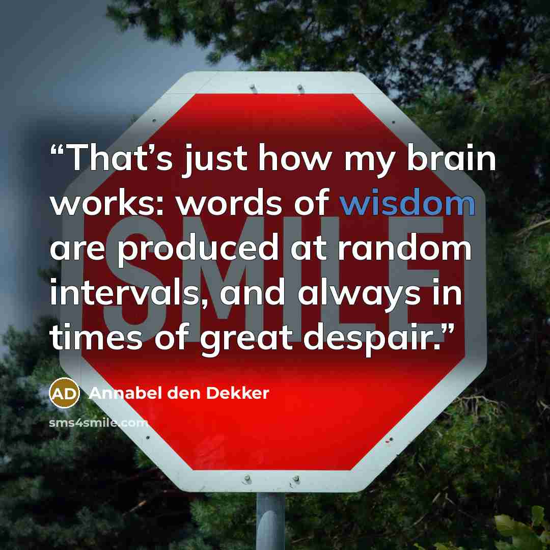 “That’s just how my brain works: words of wisdom are produced at random intervals, and always in times of great despair.” quote by Annabel den Dekker