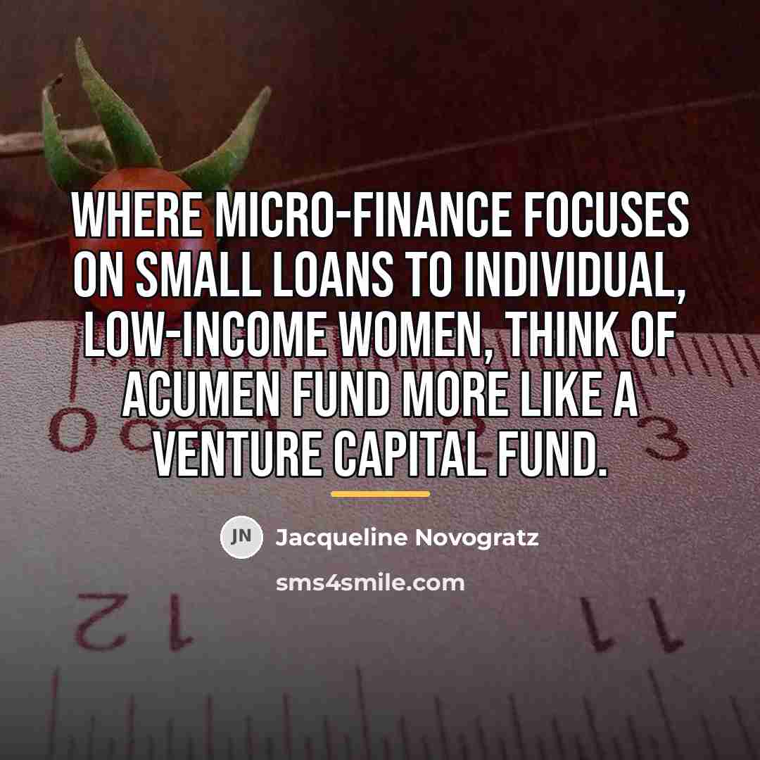 “Where micro-finance focuses on small loans to individual, low-income women,…” quote by Jacqueline Novogratz