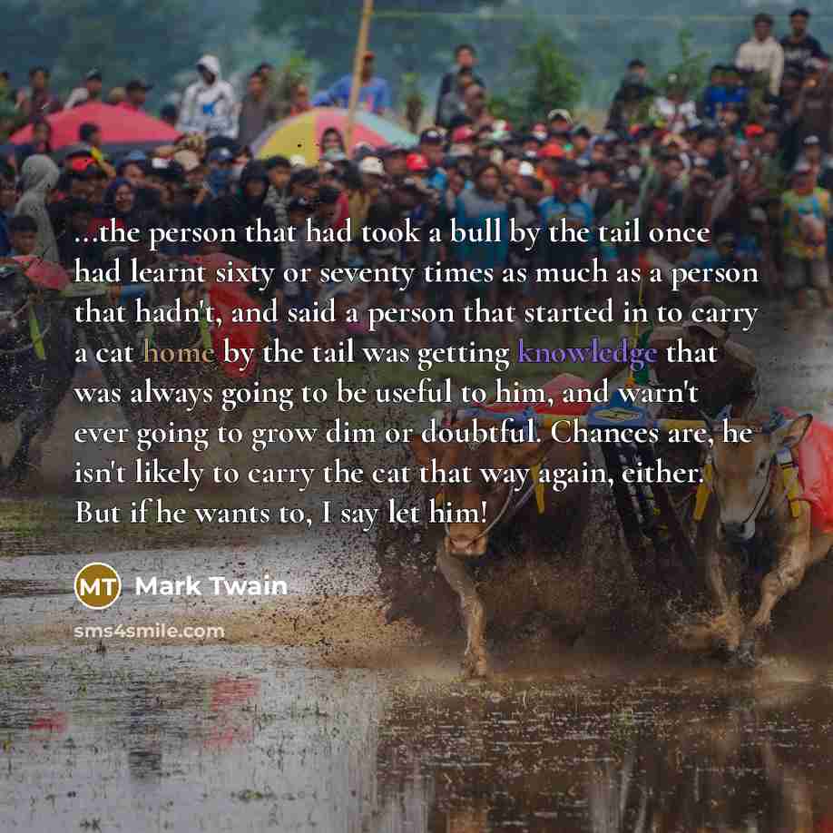 “...the person that had took a bull by the tail once had learnt sixty or seventy times as much as a person that hadn't, and said a person that started in to carry a cat home by the tail was getting knowledge that was always going to be useful to him, and warn't ever going to grow dim or doubtful…” quote by Mark Twain