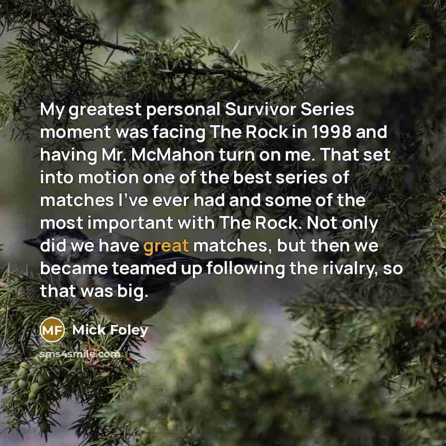“My greatest personal Survivor Series moment was facing The Rock…” quote by Mick Foley